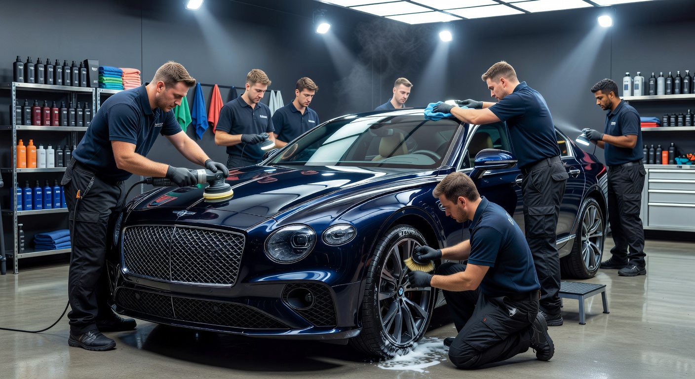 Our passionate detailing team working on a luxury car