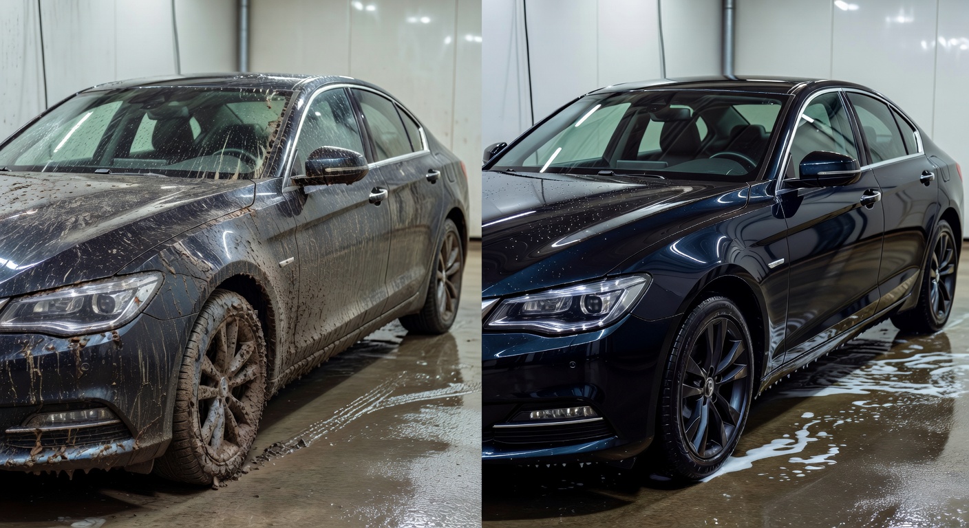 Muddy sedan before and after premium wash