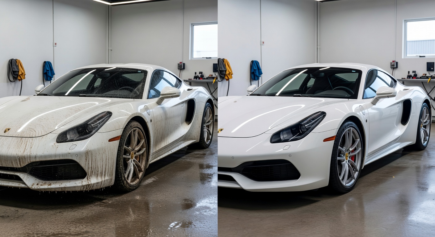 White sports car full exterior wash before and after